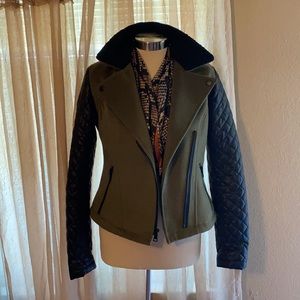 Olive green and black moto jacket coat